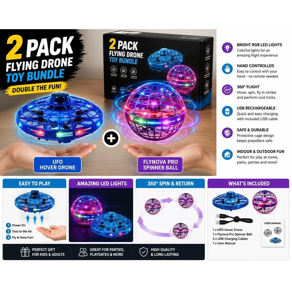 2 Pack Mixed Flying Drone Toy Lot – Flynova Pro Spinner Balls & UFO Hover Drones